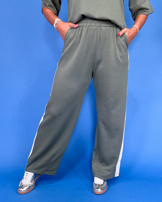Sporty Everyday Olive Comfort Stripe Pants Set