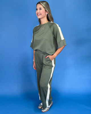 Sporty Everyday Olive Comfort Stripe Pants Set