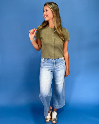 Olive Grace Scalloped Short Sleeve Cardigan Top