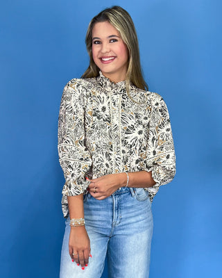 Earthy Elegance Taupe & Ivory Floral Puff Sleeve Top