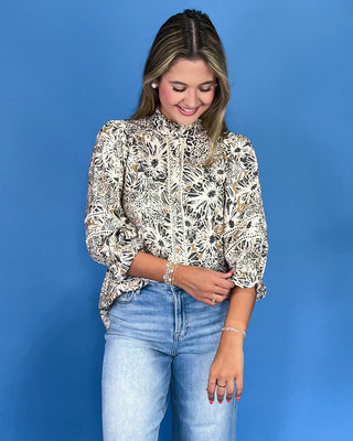 Earthy Elegance Taupe & Ivory Floral Puff Sleeve Top