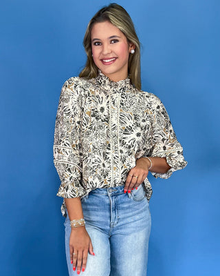 Earthy Elegance Taupe & Ivory Floral Puff Sleeve Top