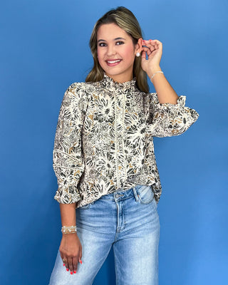 Earthy Elegance Taupe & Ivory Floral Puff Sleeve Top
