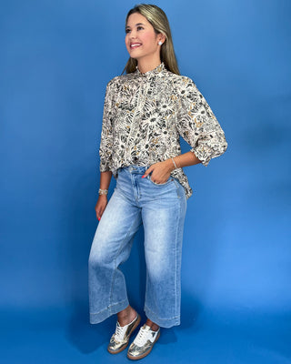 Earthy Elegance Taupe & Ivory Floral Puff Sleeve Top