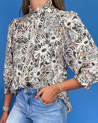 Earthy Elegance Taupe & Ivory Floral Puff Sleeve Top