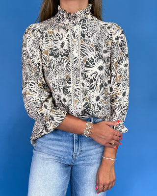 Earthy Elegance Taupe & Ivory Floral Puff Sleeve Top