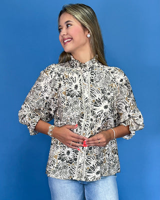 Earthy Elegance Taupe & Ivory Floral Puff Sleeve Top