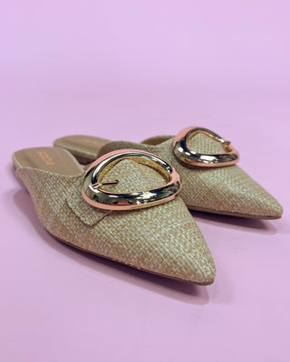 Green pointed-toe shoes with gold buckles on a pink background