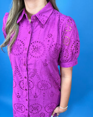 Orchid Blooms Eyelet Button Up Magenta Dress