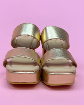Pair of metallic sandals on a pink background
