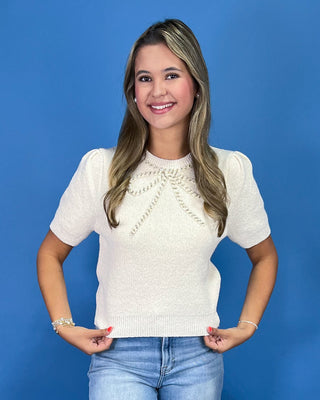 Elegant Ecru Beaded Bow Detail Sweater Top