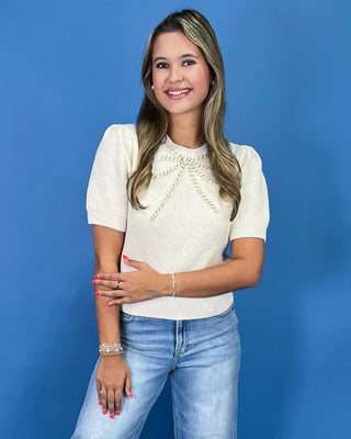 Elegant Ecru Beaded Bow Detail Sweater Top