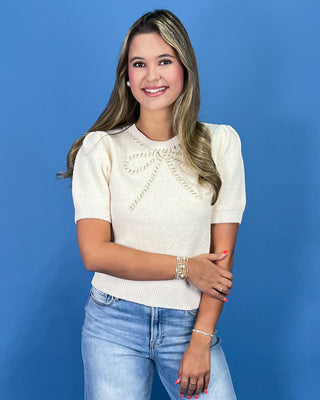 Elegant Ecru Beaded Bow Detail Sweater Top