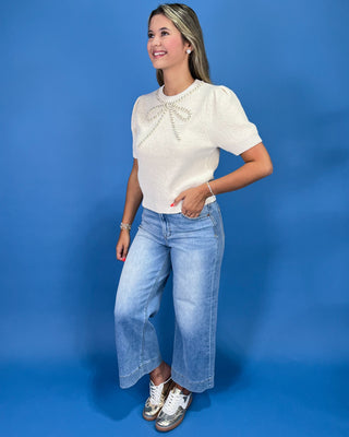 Elegant Ecru Beaded Bow Detail Sweater Top