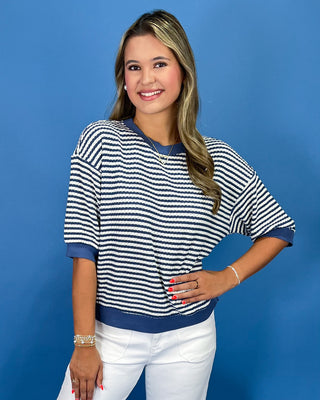 Harbor Blue Textured Stripe Knit Top