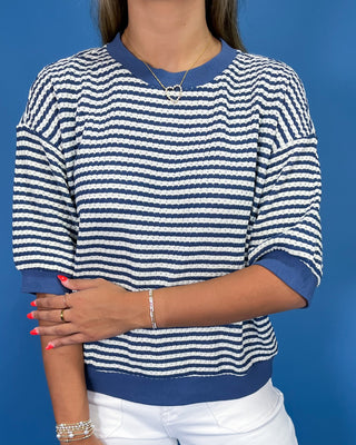 Harbor Blue Textured Stripe Knit Top