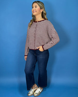 Romantic Cream & Wine Stripe Knit Sweater Cardigan