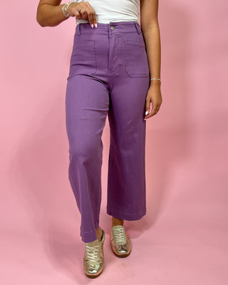 Person wearing purple pants and gold shoes on a pink background