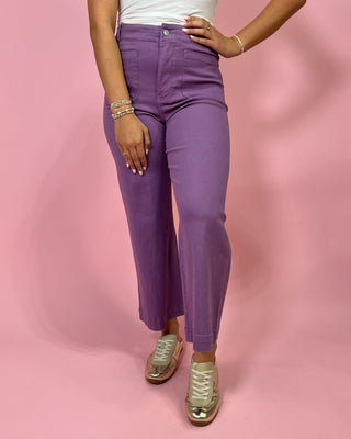 Person wearing purple pants and gold shoes on a pink background
