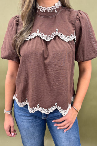 Brown top with lace details worn by a person against a green background