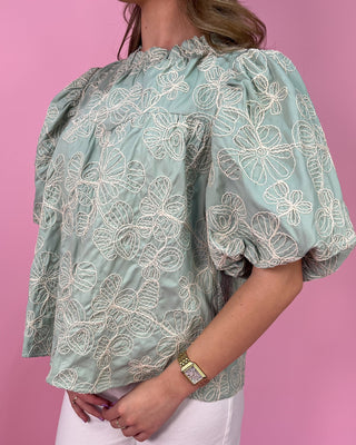Light green blouse with white floral patterns worn by a person on a pink background