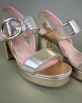 Metallic high-heeled sandals on a gray background
