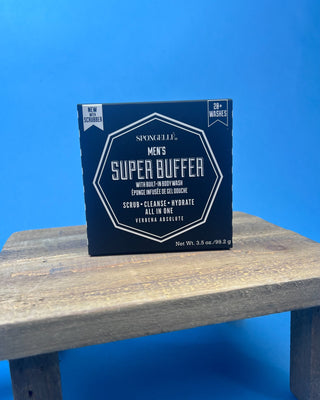 Spongellé Men's Super Buffer body wash infused sponge in Verbena Absolute featuring a dual-sided exfoliating scrubber, built-in body wash, and long-lasting formula with 28+ washes.