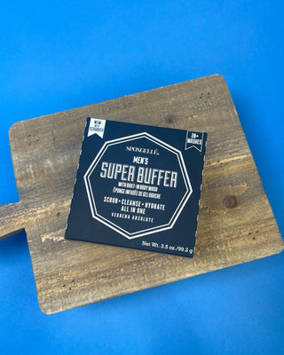 Spongellé Men's Super Buffer body wash infused sponge in Verbena Absolute featuring a dual-sided exfoliating scrubber, built-in body wash, and long-lasting formula with 28+ washes.