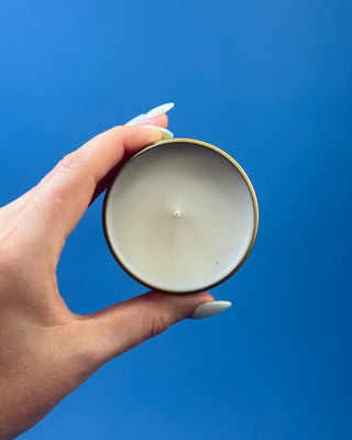 Bird of Paradise tropical scented candle in a brushed gold travel tin with a berry-colored lid, featuring a clean-burning single wick and available in multiple sizes for home fragrance.