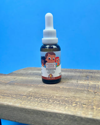 Punkin Butt Natural Teething Oil available in 1 oz and 2 oz dropper bottles for babies, featuring a naturally derived formula designed to help soothe teething discomfort.