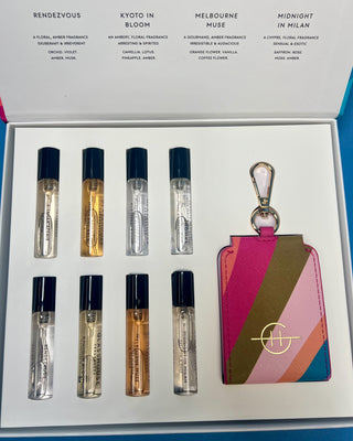 Glasshouse Fragrances Fragrance Library Discovery Set featuring eight 5mL Eau de Parfum travel sprays, a colorful presentation box, and a refillable travel case keyring for fragrance on the go.