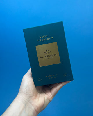 Glasshouse Fragrances 380g luxury soy candle collection featuring Lost in Amalfi, Sunsets in Capri, Kyoto in Bloom, Rendezvous, and Velvet Rhapsody candles in colorful designer gift boxes with premium glass candle vessels.