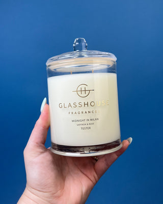 Glasshouse Fragrances 380g luxury soy candle collection featuring Lost in Amalfi, Sunsets in Capri, Kyoto in Bloom, Rendezvous, and Velvet Rhapsody candles in colorful designer gift boxes with premium glass candle vessels.