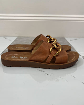 Brown sandals with gold chain detail on a white surface