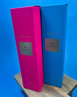 Glasshouse Fragrances 250mL reed diffuser collection featuring luxury home fragrance diffusers in Lost in Amalfi, Sunsets in Capri, Midnight in Milan, Kyoto in Bloom, Velvet Rhapsody, and Rendezvous scents with colorful signature packaging.