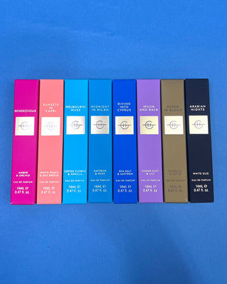 Glasshouse Fragrances 14mL Travel Eau de Parfum collection featuring luxury portable perfumes in signature fragrances including Rendezvous, Sunsets in Capri, Midnight in Milan, Moon and Back, Kyoto in Bloom, Diving Into Cyprus, Melbourne Muse, and Arabian Nights.