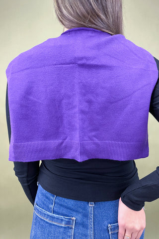 Purple knitted vest worn by a person on a beige background