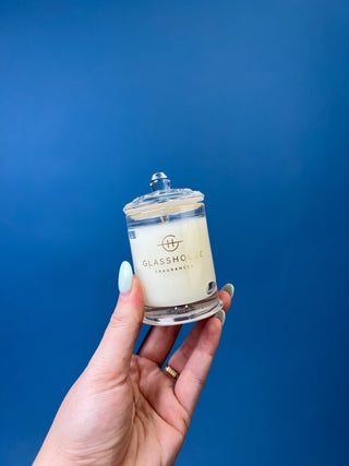 Glasshouse Fragrances 2.1 oz mini soy candle collection featuring luxury glass candles in multiple signature scents including Lost in Amalfi, Kyoto in Bloom, Rendezvous, Velvet Rhapsody, and Sunsets in Capri.