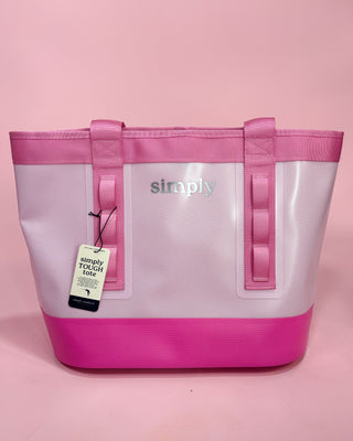 Pink and clear tote bag with 'simply' branding on a pink background