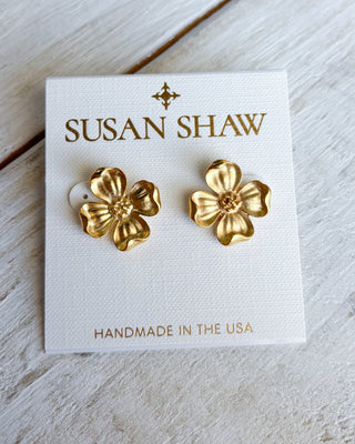 Gold flower earrings on a Susan Shaw branded card with 'Handmade in the USA' text.