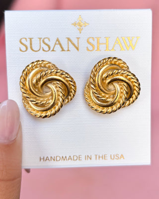 Gold rope-style earrings on a Susan Shaw branded card with 'Handmade in the USA' text.