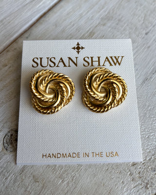Gold earrings on a Susan Shaw branded card with 'Handmade in the USA' text.