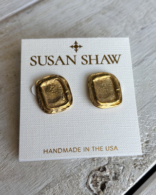 Gold earrings on a Susan Shaw branded card with 'Handmade in the USA' text.