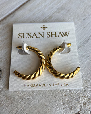 Gold hoop earrings on a Susan Shaw branded card with 'Handmade in the USA' text.