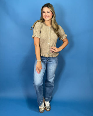 Taupe Short Sleeve Knit Ruffle Button Cardigan featuring pearl-style buttons, ruffle trim, soft stretch knit