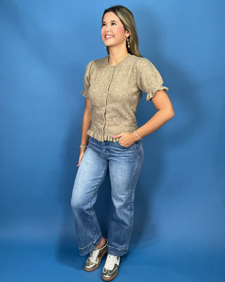 Taupe Short Sleeve Knit Ruffle Button Cardigan featuring pearl-style buttons, ruffle trim, soft stretch knit