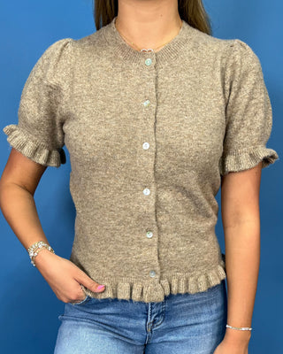 Taupe Short Sleeve Knit Ruffle Button Cardigan featuring pearl-style buttons, ruffle trim, soft stretch knit
