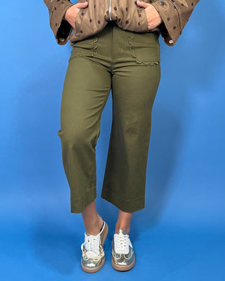 Olive green high-rise cropped wide leg pants with scalloped front patch pockets and a flattering structured fit.