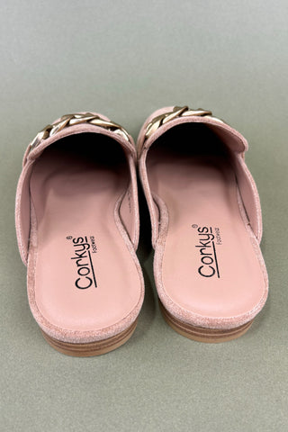 Pair of pink sandals with 'Corkys' branding on a light gray background