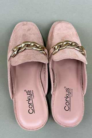 Pair of pink loafers with gold chain details on a gray background